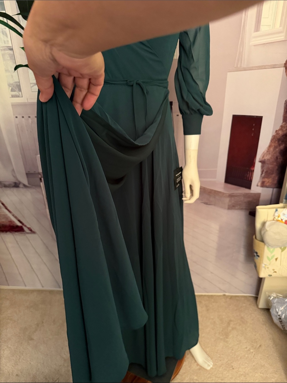 Lulus My Whole Heart Emerald Green Long Sleeve Wrap Dress. Size L - Picture 8 of 10